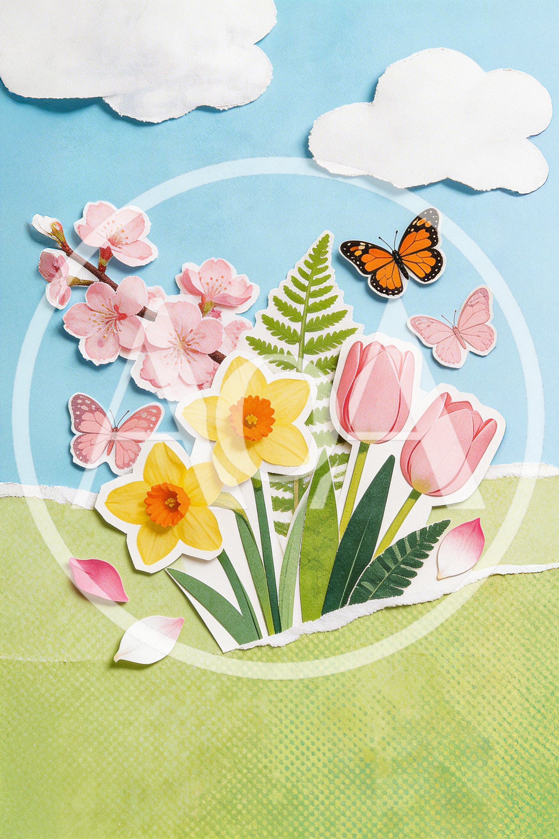 Paper Cutout Spring Floral Collage With Butterflies