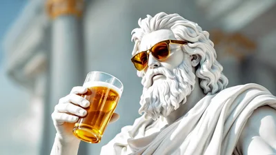 Greek Statue Wearing Sunglasses Holding A Beer Glass