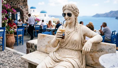 Marble Statue Wearing Sunglasses Drinking Frappe in Santorini