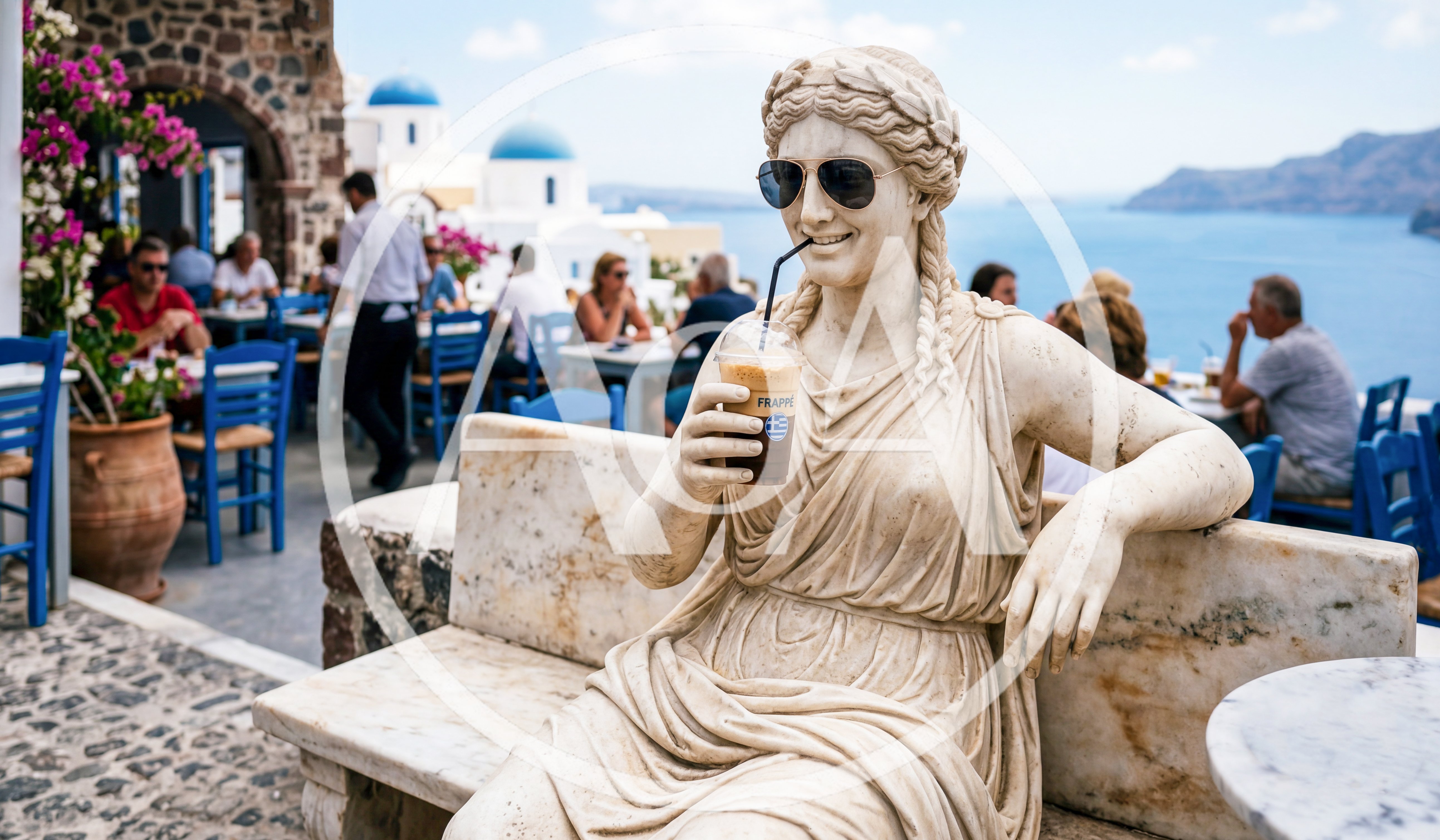 Marble Statue Wearing Sunglasses Drinking Frappe in Santorini
