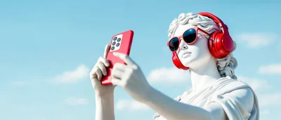 Classical Statue Wearing Red Headphones And Sunglasses Taking Selfie