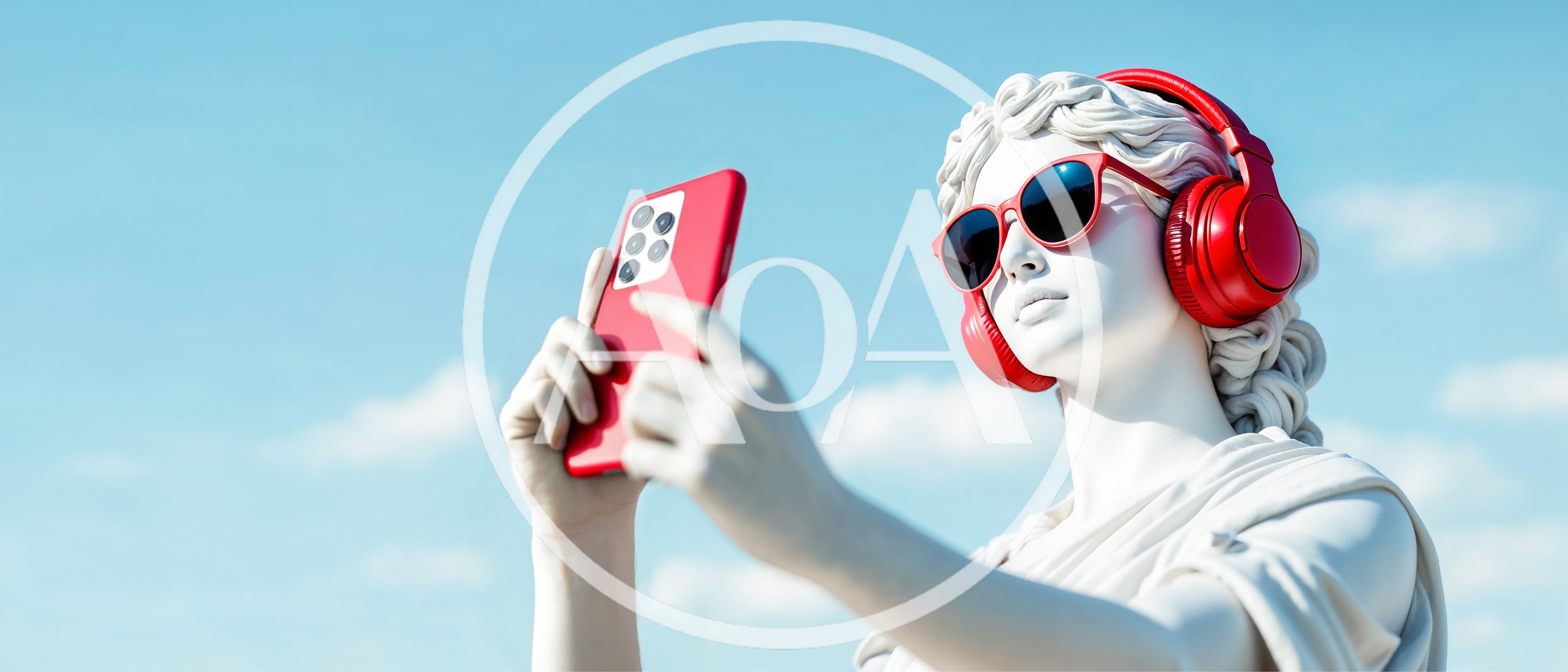 Classical Statue Wearing Red Headphones And Sunglasses Taking Selfie