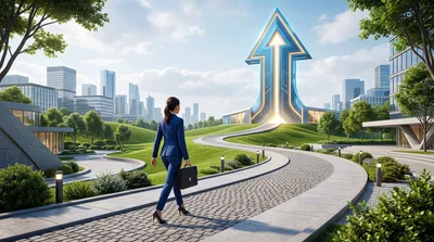 Businesswoman Walking Toward Futuristic Arrow Building