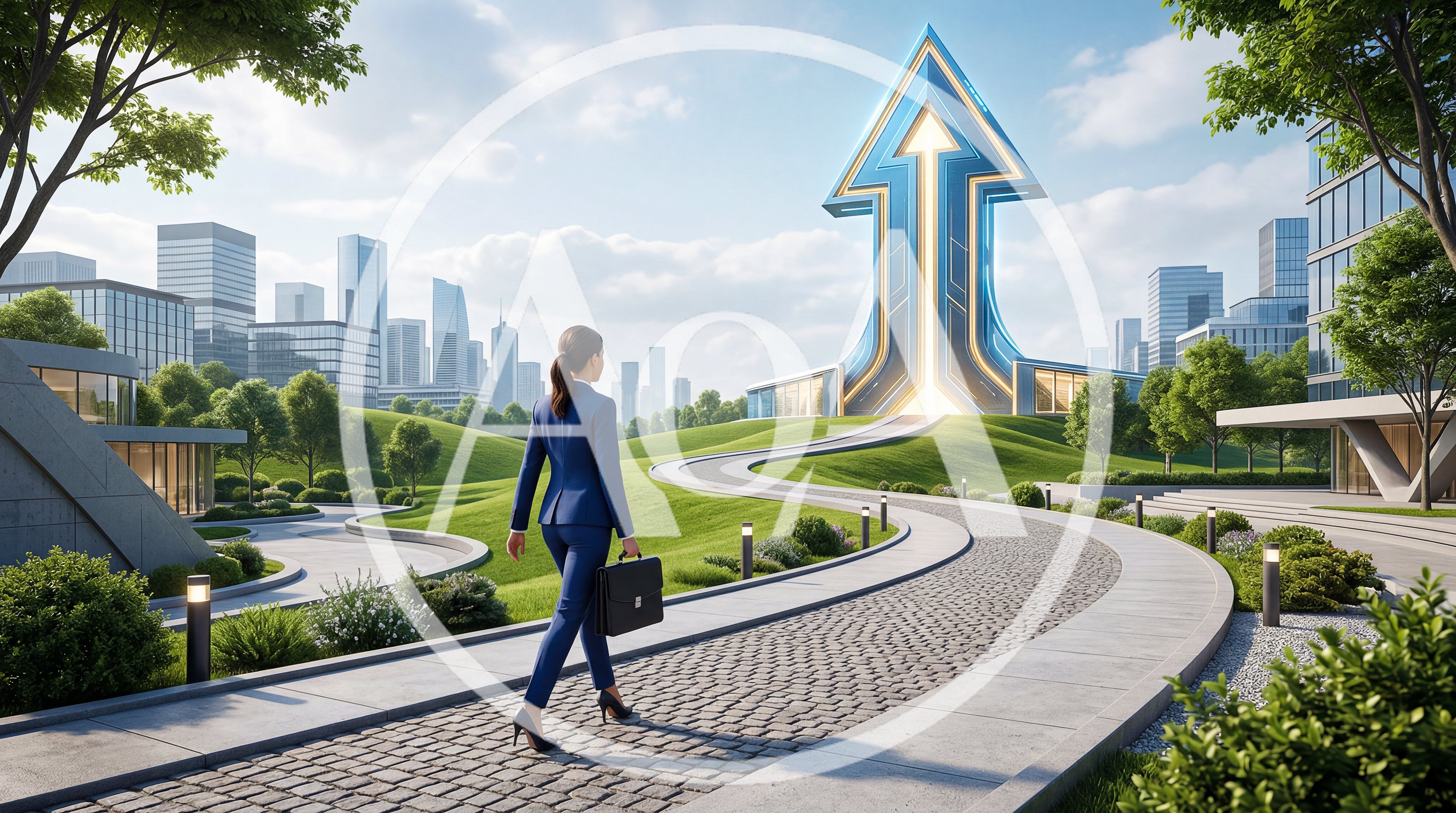 Businesswoman Walking Toward Futuristic Arrow Building