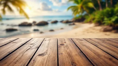 Empty Wooden Table Overlooking Tropical Beach