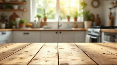Rustic Wooden Tabletop in a Bright Sunny Kitchen