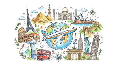 Hand Drawn Travel Landmarks Illustration With Airplane