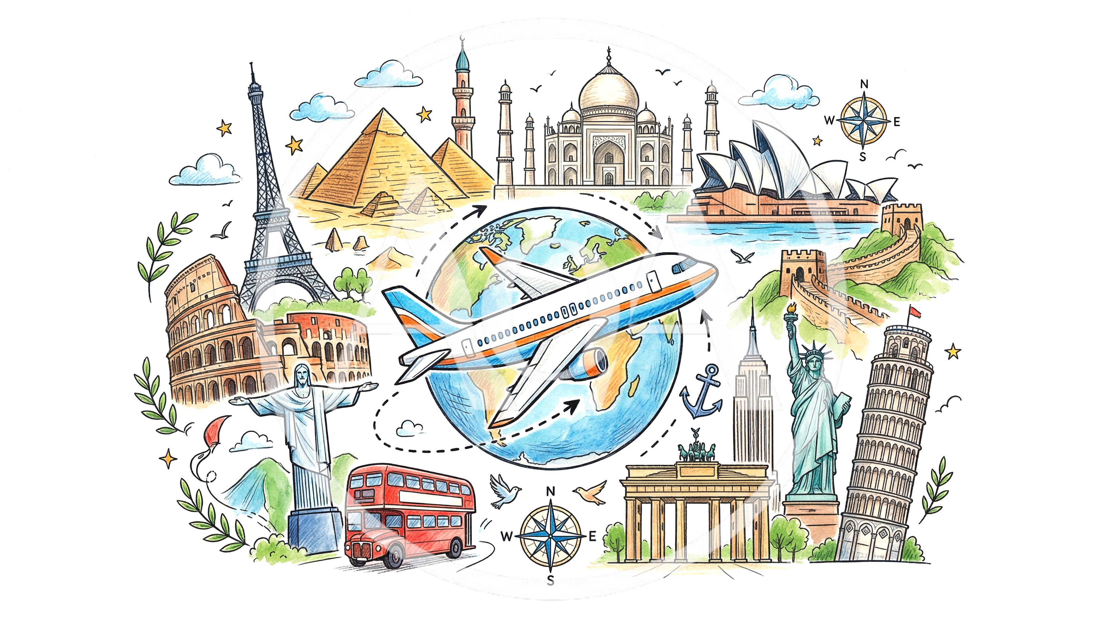 Hand Drawn Travel Landmarks Illustration With Airplane