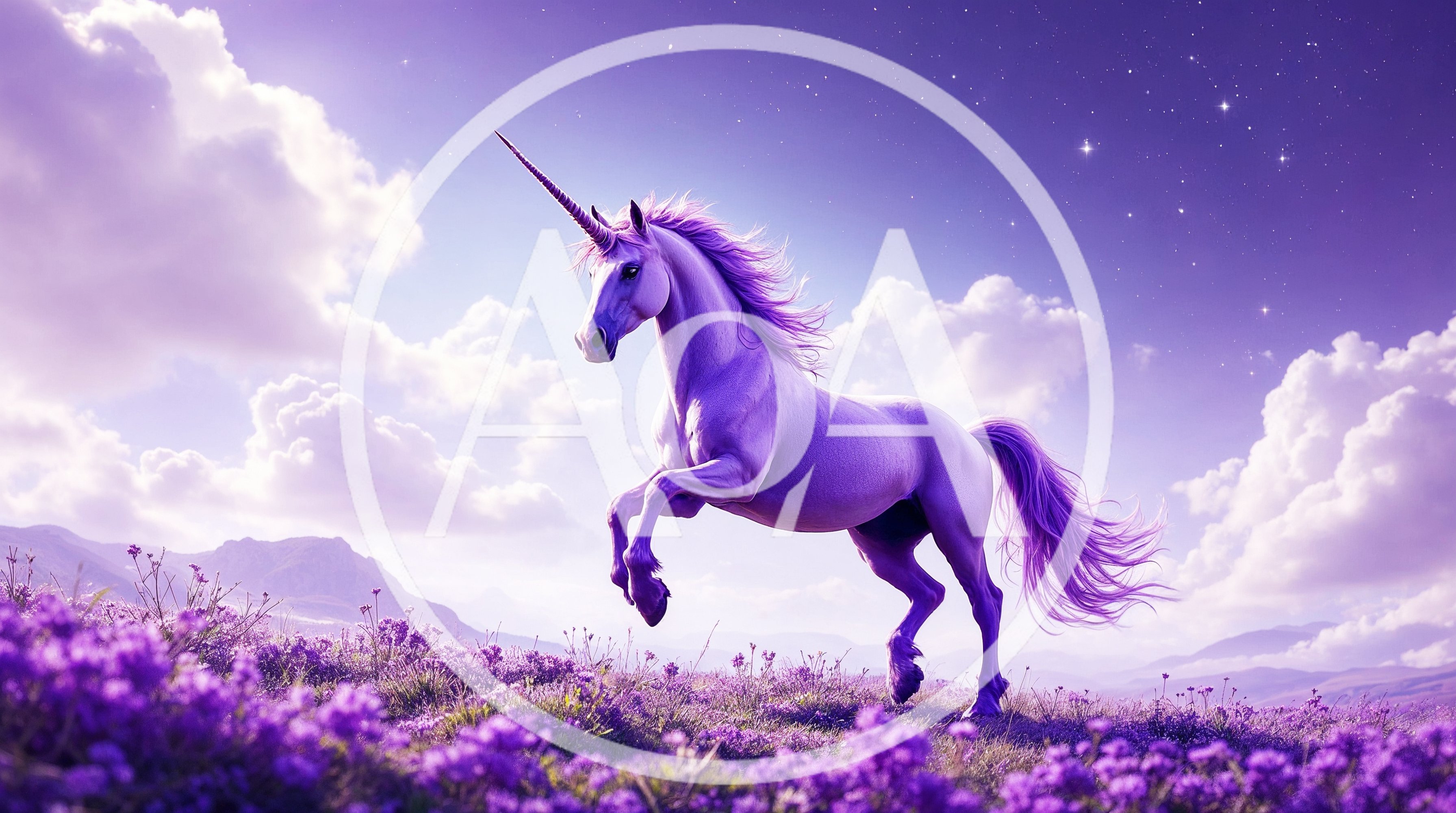 Majestic Purple Unicorn Galloping Through A Lavender Field