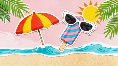Summer Beach Collage With Popsicle And Umbrella