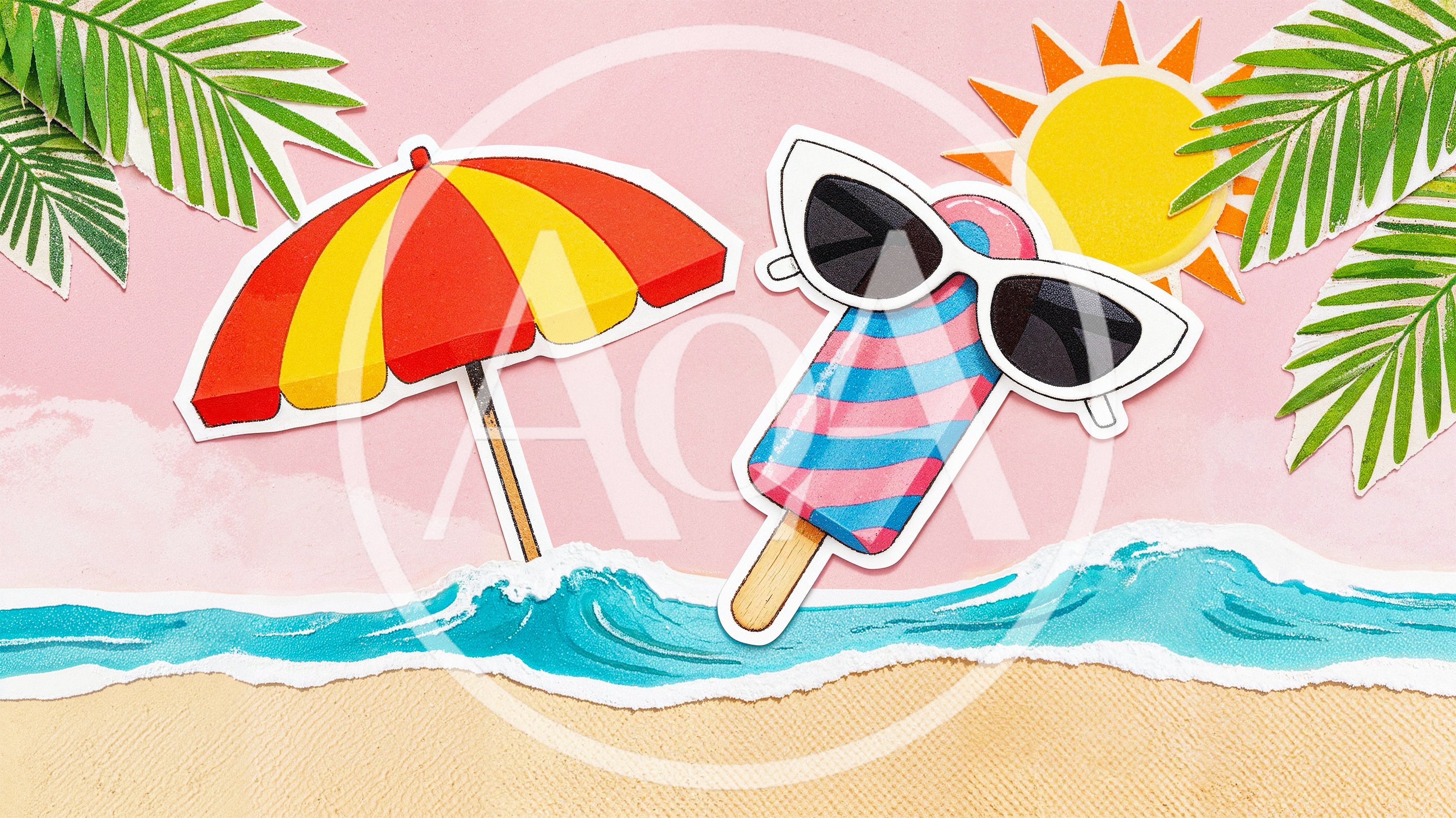Summer Beach Collage With Popsicle And Umbrella
