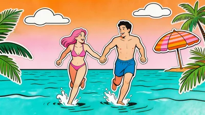 Couple Running Through Tropical Ocean Water