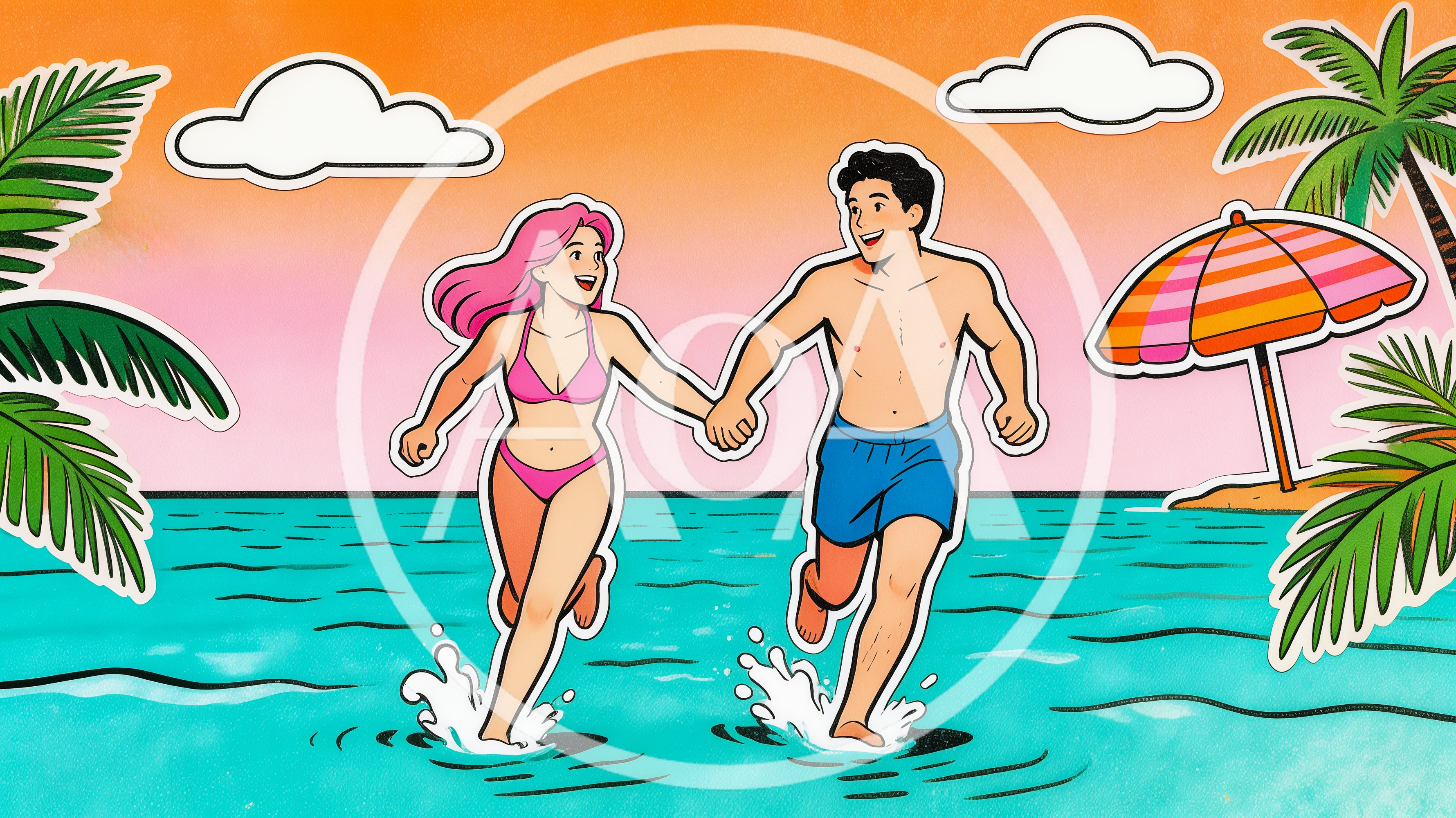 Couple Running Through Tropical Ocean Water