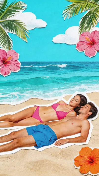 Young Couple Sunbathing Together On A Tropical Beach