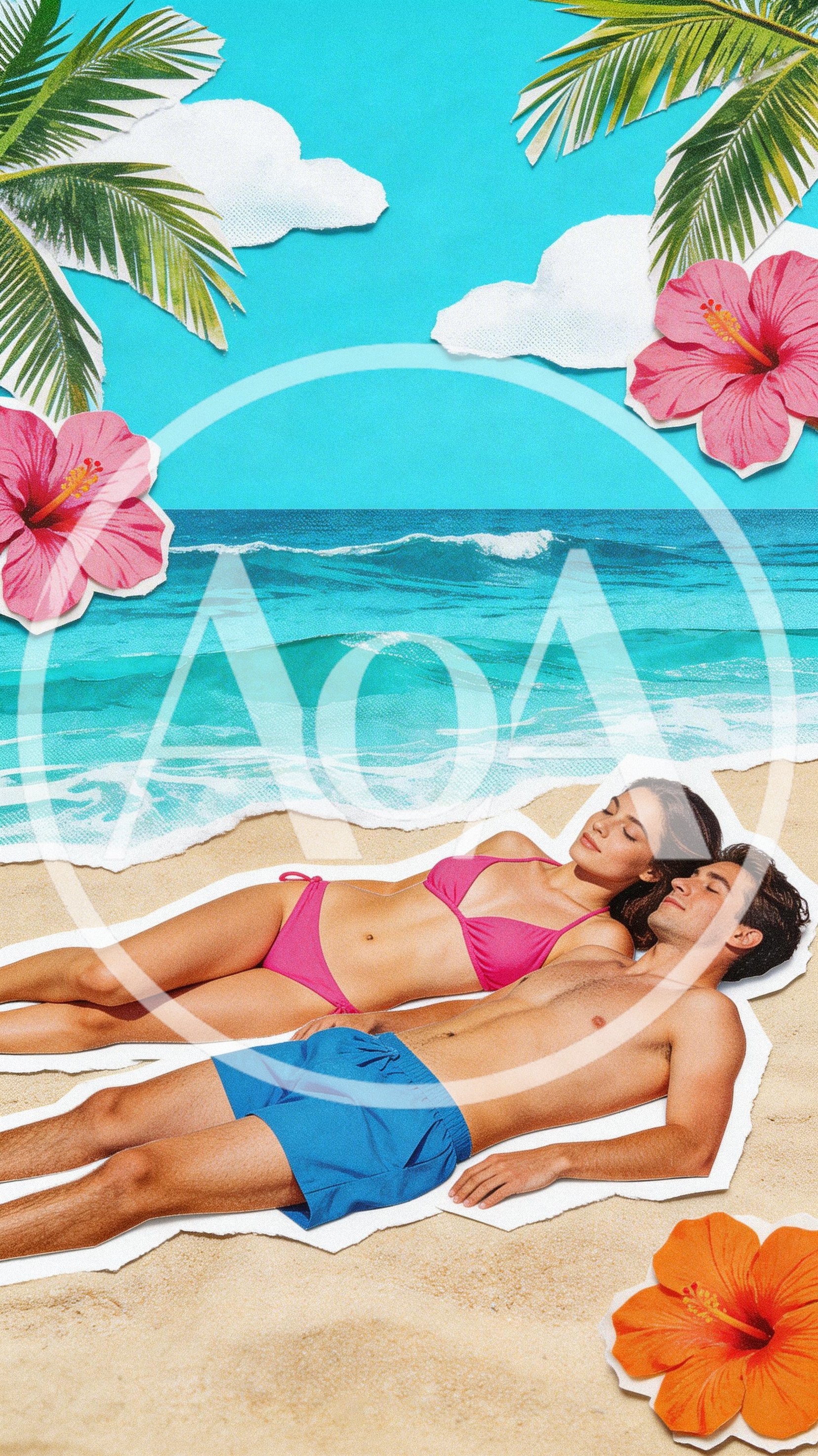 Young Couple Sunbathing Together On A Tropical Beach