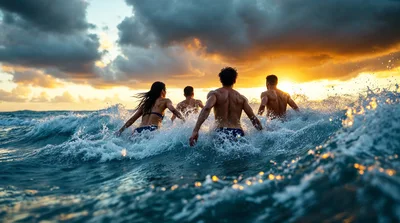 Group Of Friends Running Into Ocean Waves At Sunset