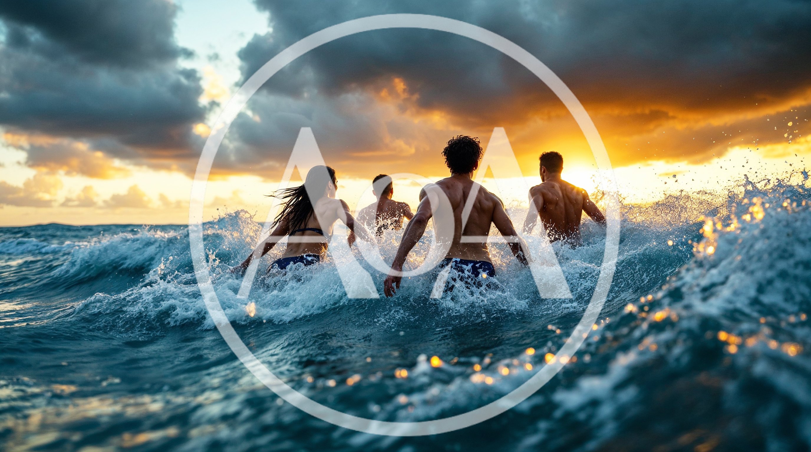 Group Of Friends Running Into Ocean Waves At Sunset