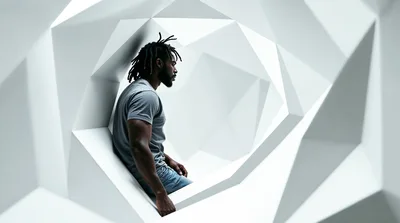 Young Black Man Sitting Inside Geometric White Structure
