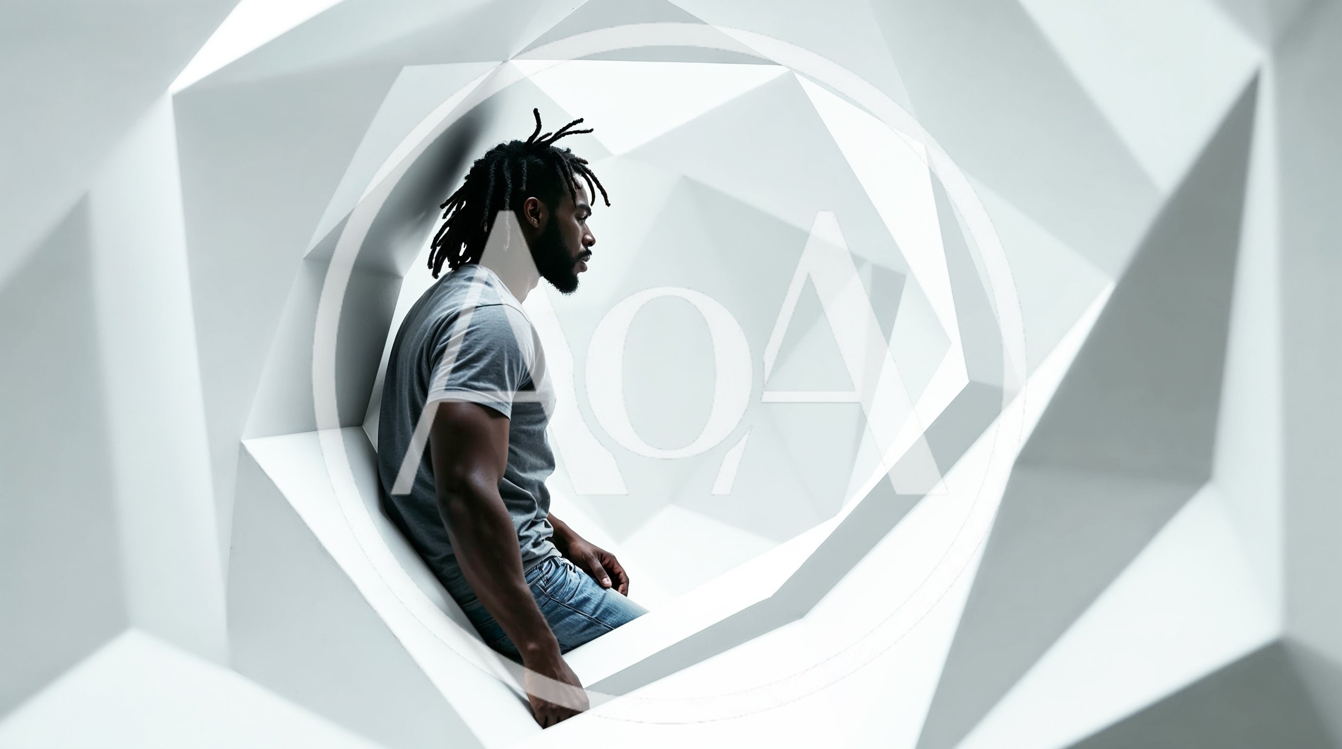 Young Black Man Sitting Inside Geometric White Structure