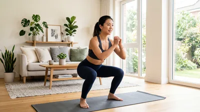 Young Asian Woman Performing Squats In Living Room