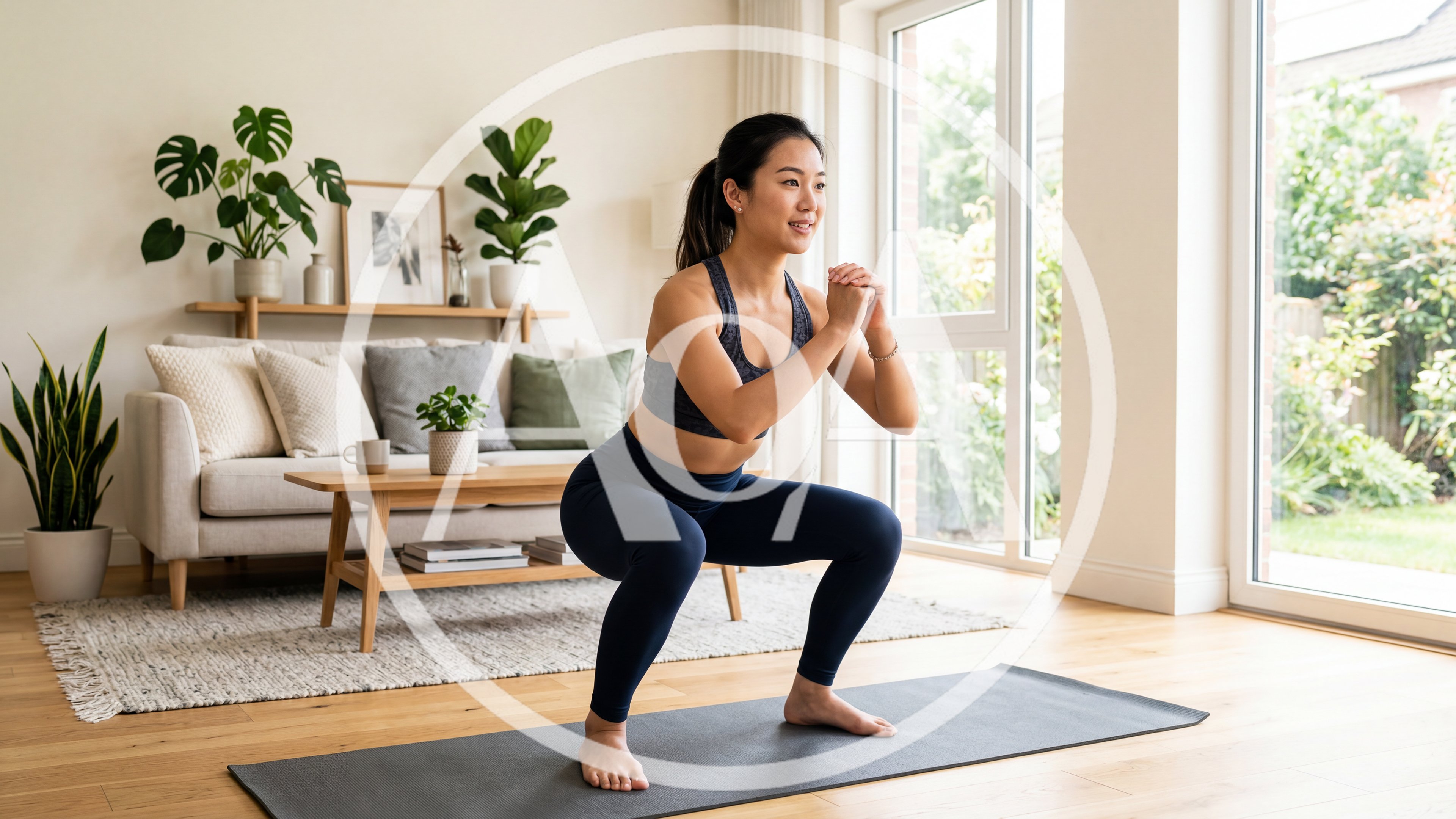Young Asian Woman Performing Squats In Living Room