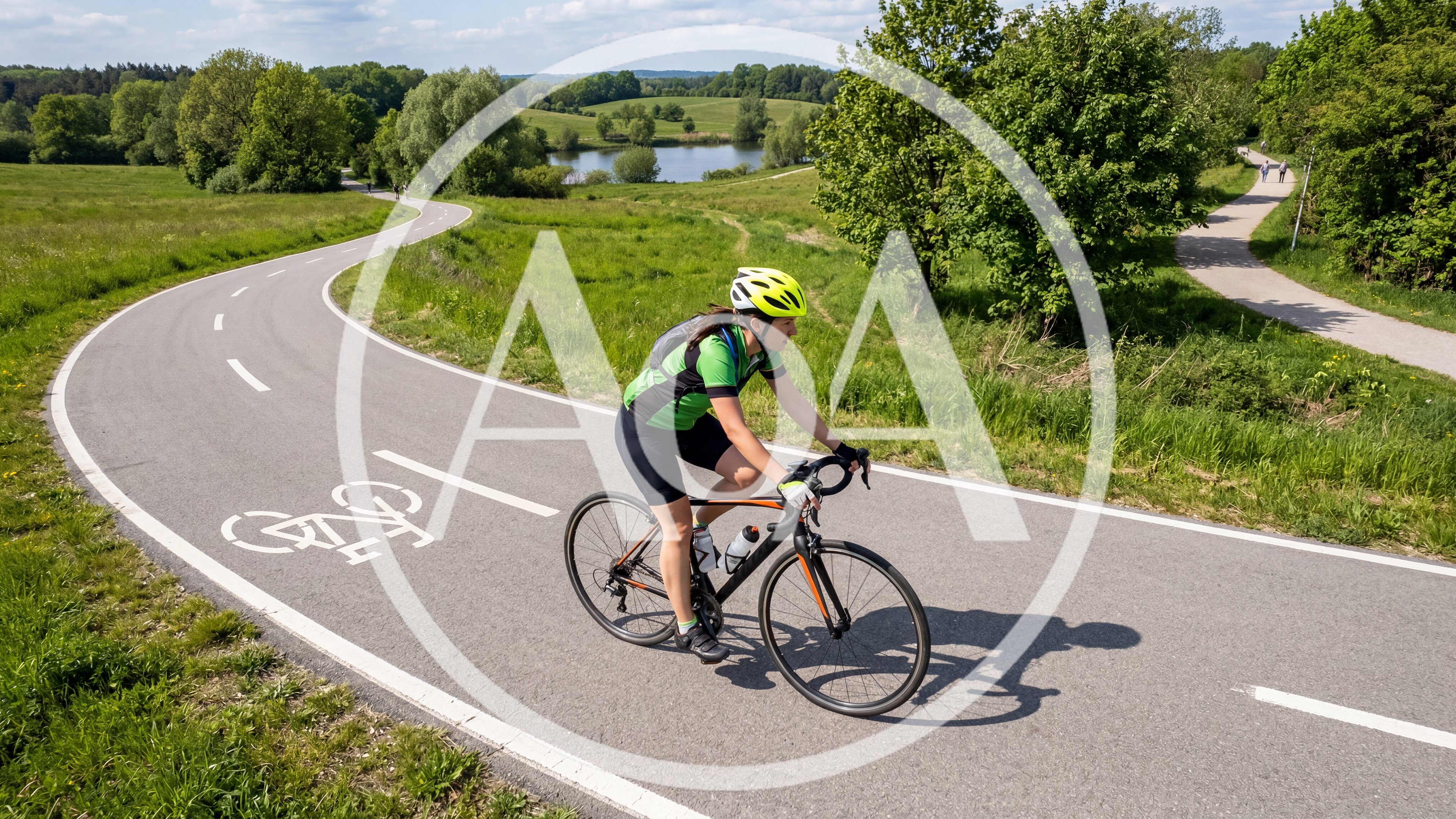 Female Cyclist Riding Road Bike On Scenic Path