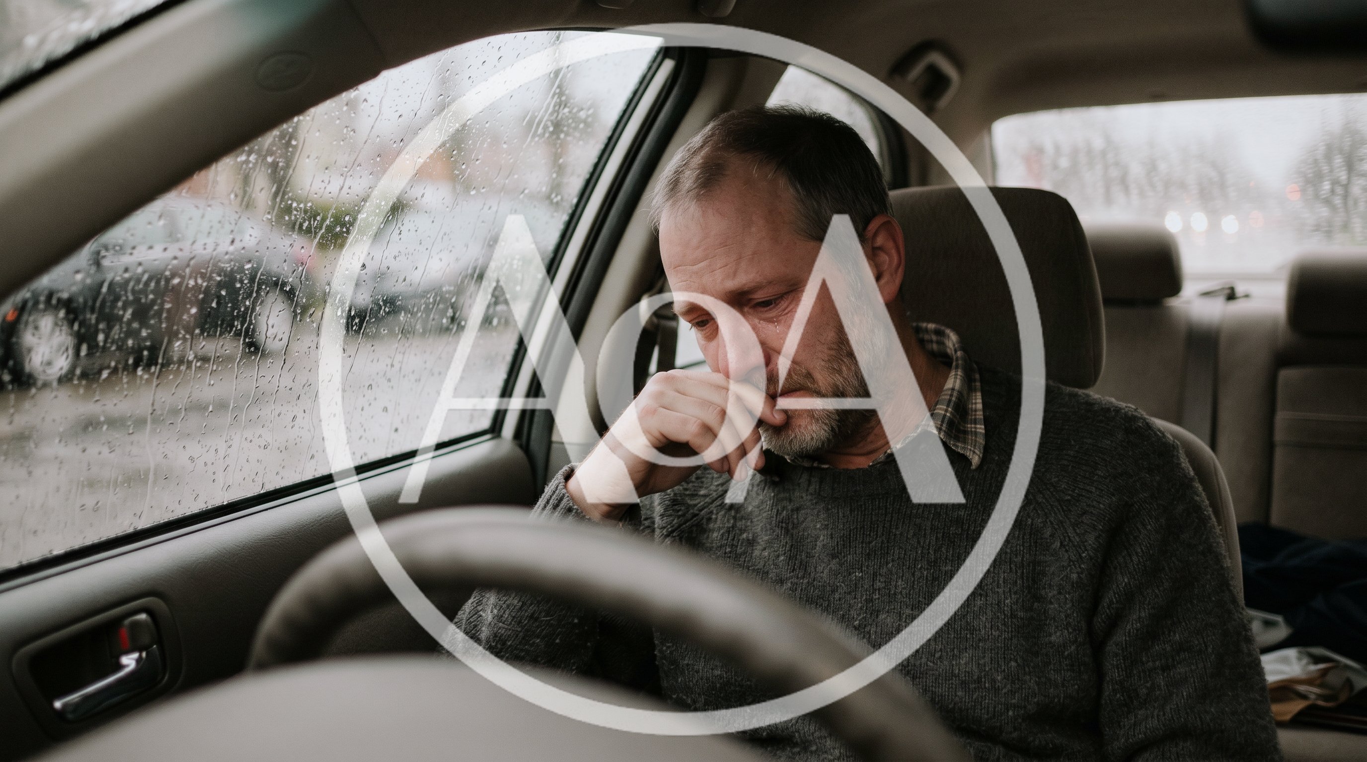 Sad Middle Aged Man Crying Inside A Car