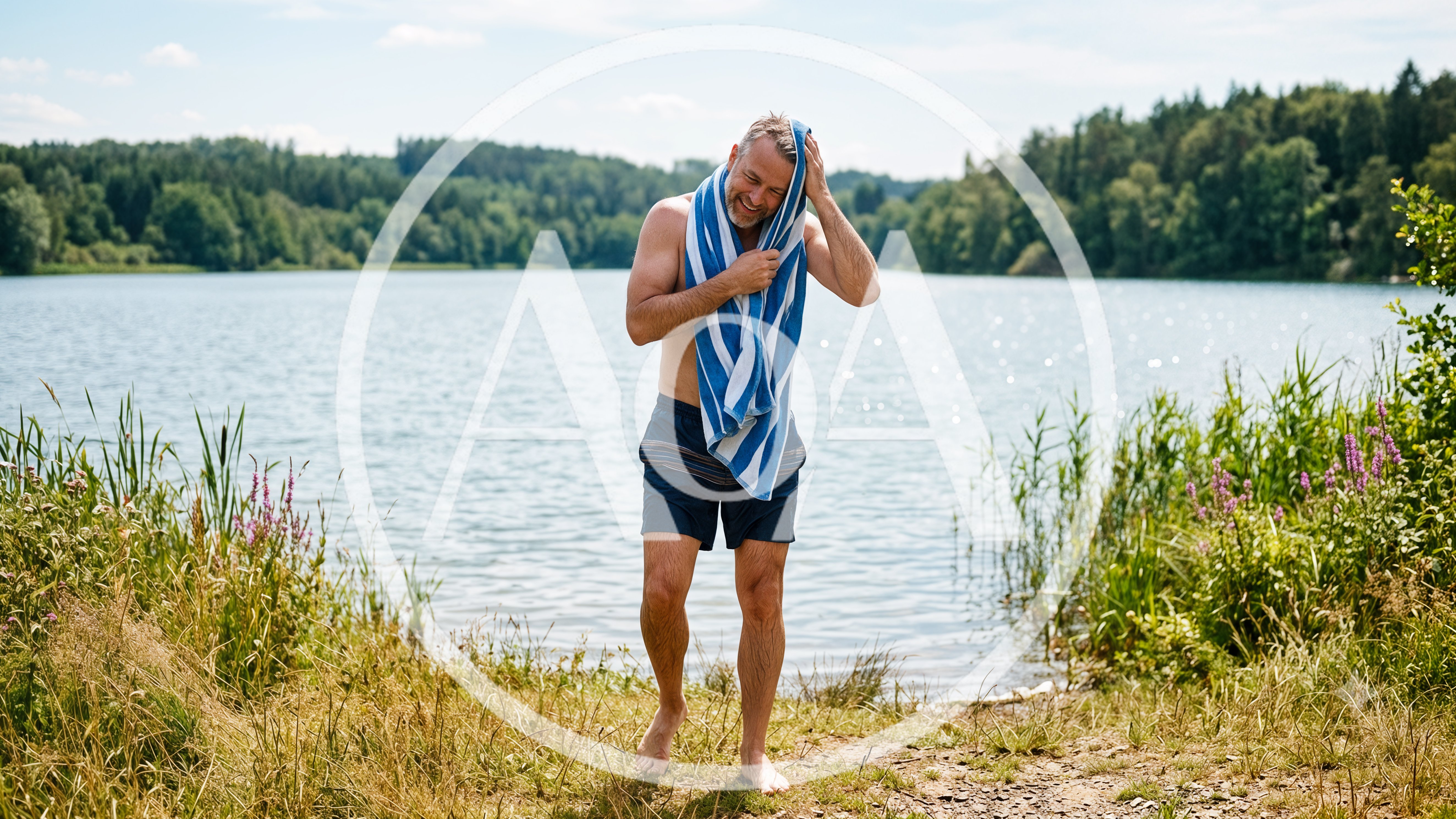 Mature Man Drying Hair With Towel By The Lake