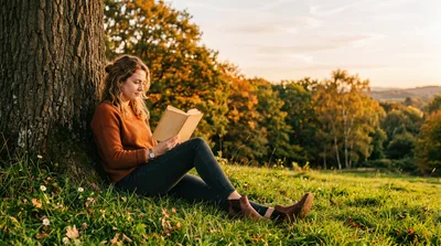 Young Woman Reading Book Under Tree During Autumn