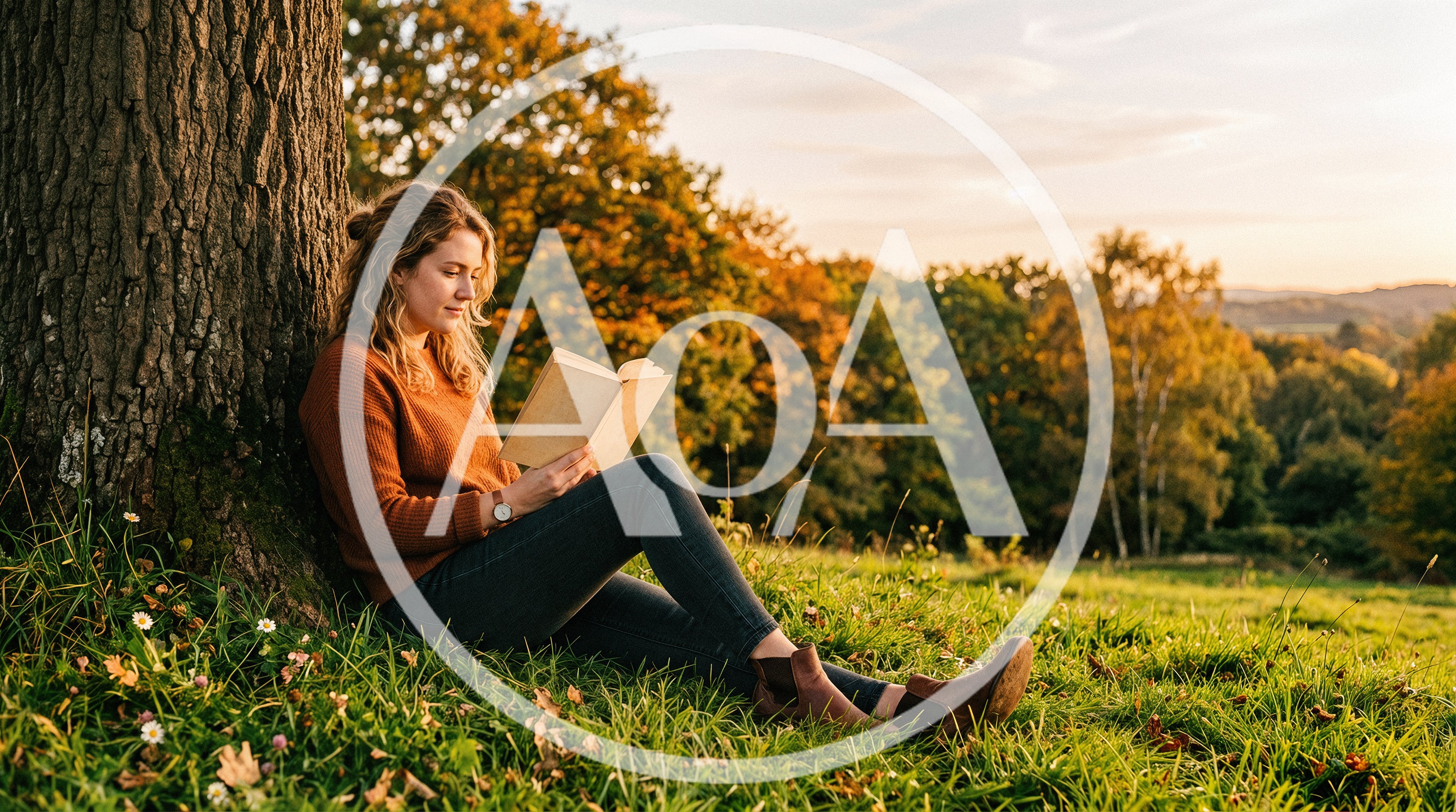 Young Woman Reading Book Under Tree During Autumn