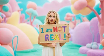 Woman Holding I Am Not Real Sign in Surreal Landscape