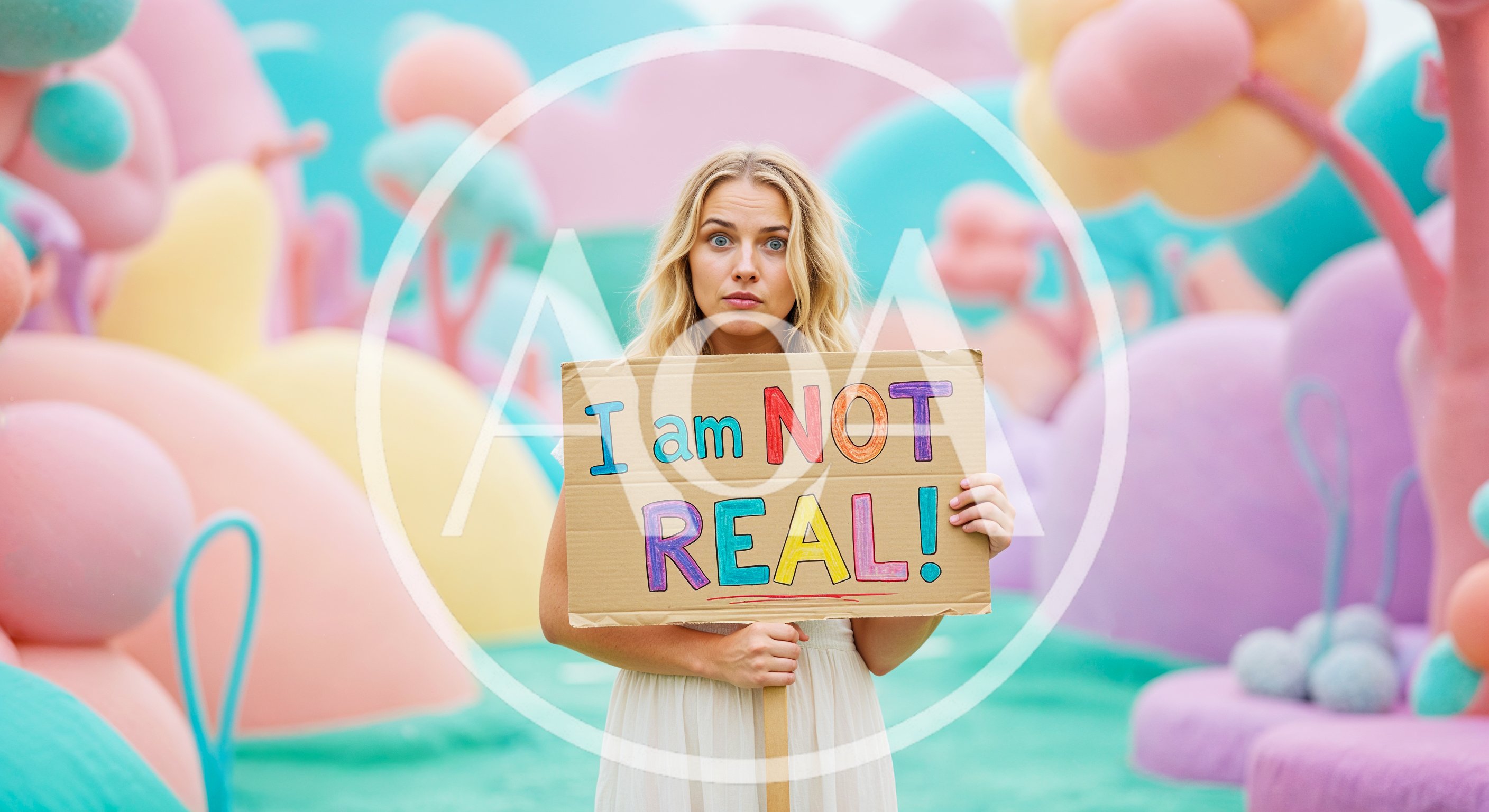 Woman Holding I Am Not Real Sign in Surreal Landscape