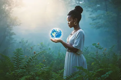 Young Woman Holding Glowing Earth Globe in Misty Forest