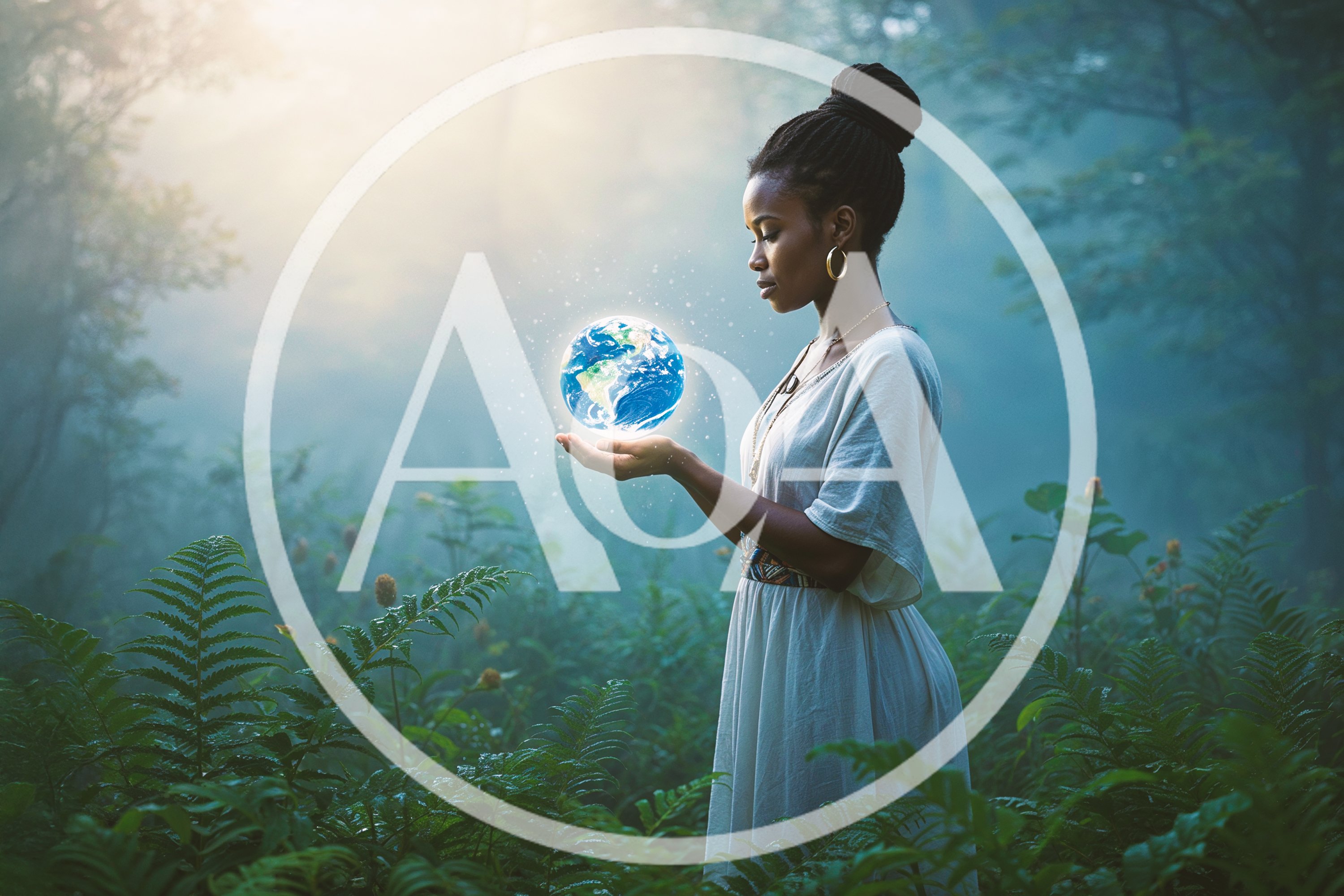 Young Woman Holding Glowing Earth Globe in Misty Forest