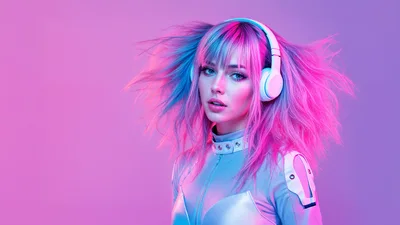 Young Woman With Neon Hair Wearing Headphones