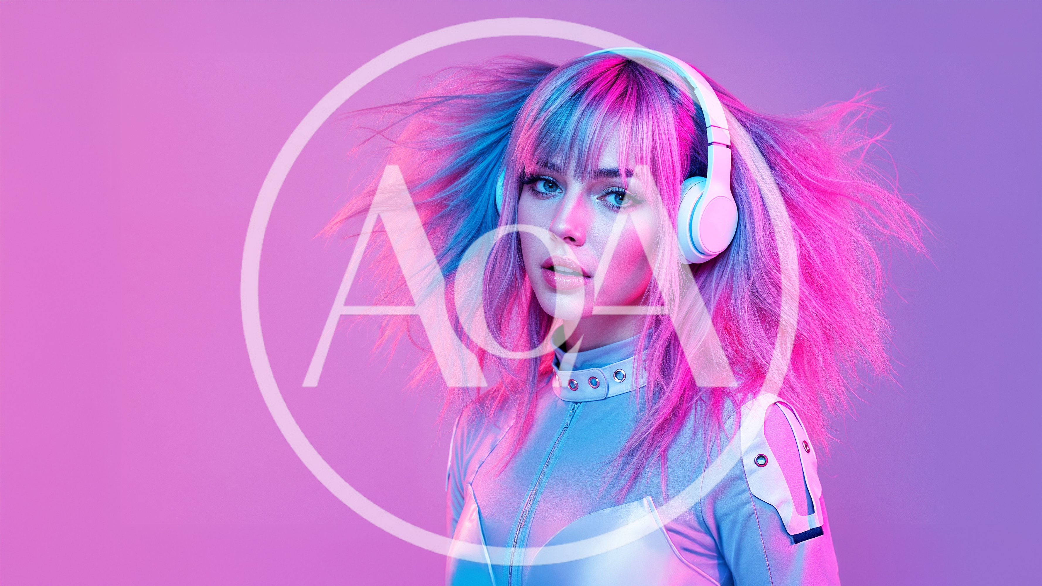 Young Woman With Neon Hair Wearing Headphones