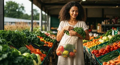 Young Woman Shopping For Fresh Produce At Farmers Market