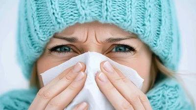 Woman With Cold Blowing Nose Into Tissue
