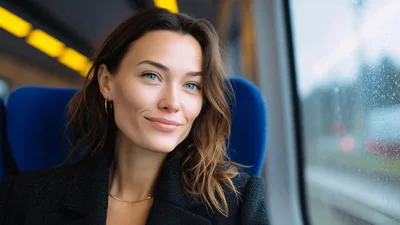 Young Woman Traveling By Train Looking Out Window