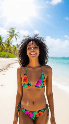Smiling Woman With Curly Hair Walking On Tropical Beach