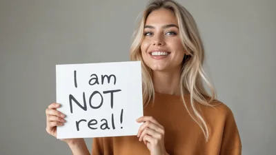 Young Woman Holding Sign Saying I Am Not Real