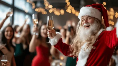 Santa Claus Celebrating With Friends At A Holiday Party