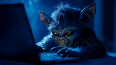 Gremlin Creature Typing On A Laptop In Dark Room
