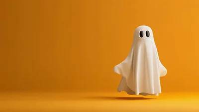 Cute Cartoon Ghost Floating Against Orange Background