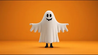 Cute Cartoon Ghost Character Standing On Orange Background