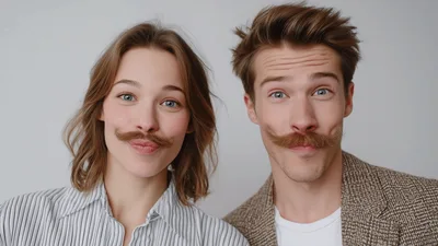 Young Couple Wearing Fake Mustaches