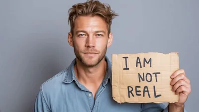 Man Holding Cardboard Sign With I Am Not Real Text