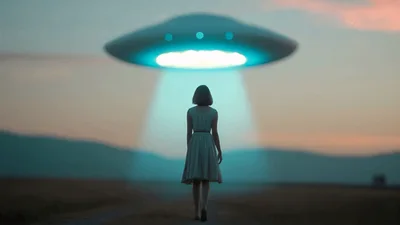 Woman Walking Toward A Glowing Alien Spaceship
