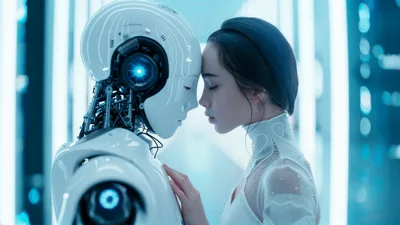 Human Woman And Futuristic Android Touching Foreheads