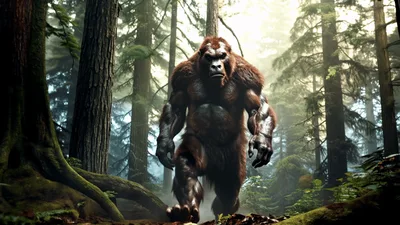 Bigfoot Walking Through A Dense Misty Forest
